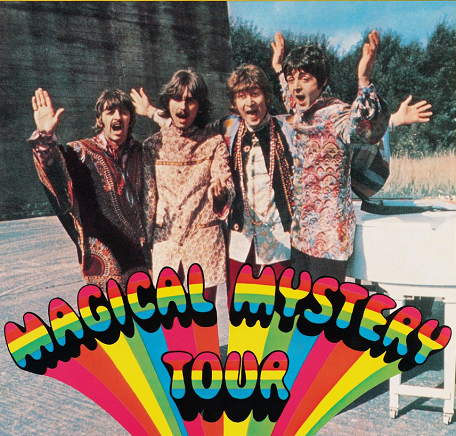 Psychedelic bus with a band on board against a colorful sky